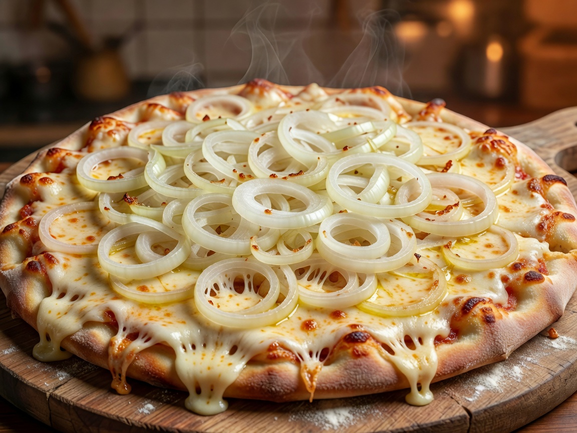 Argentinian Fugazzeta pizza loaded with onions and molten cheese