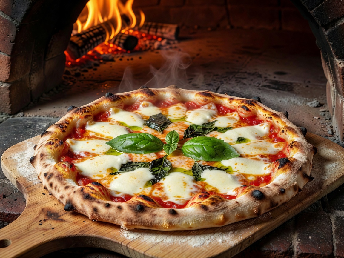 Authentic Neapolitan Pizza Margherita baked in wood fire oven