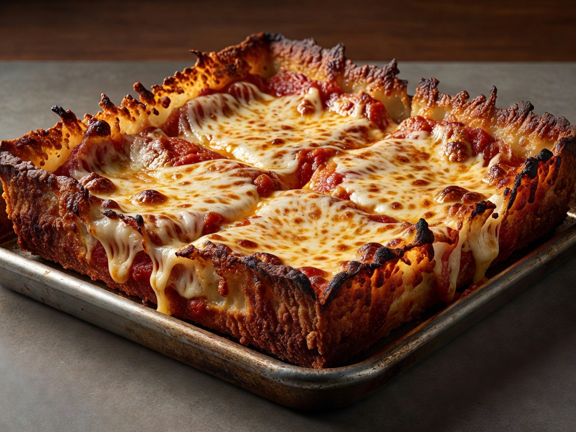 Detroit Style Square Pan Pizza with thick cheese crust